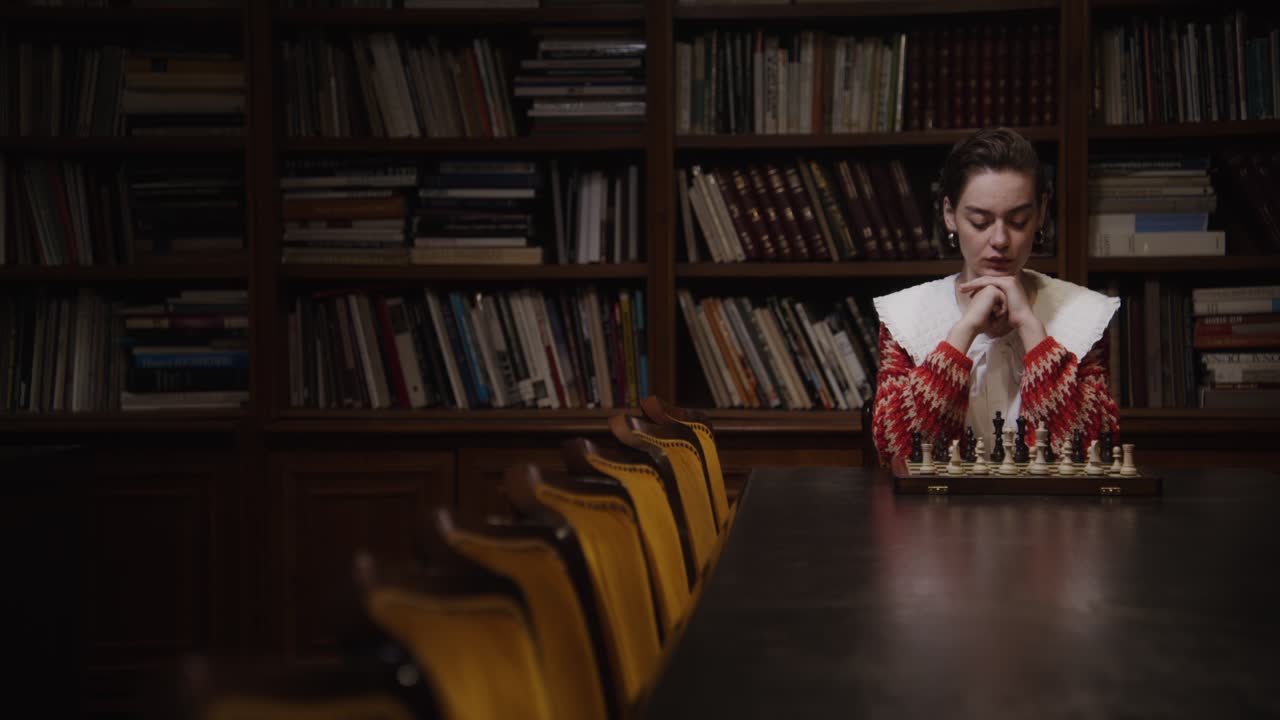 mujer jugando al ajedrez en una biblioteca