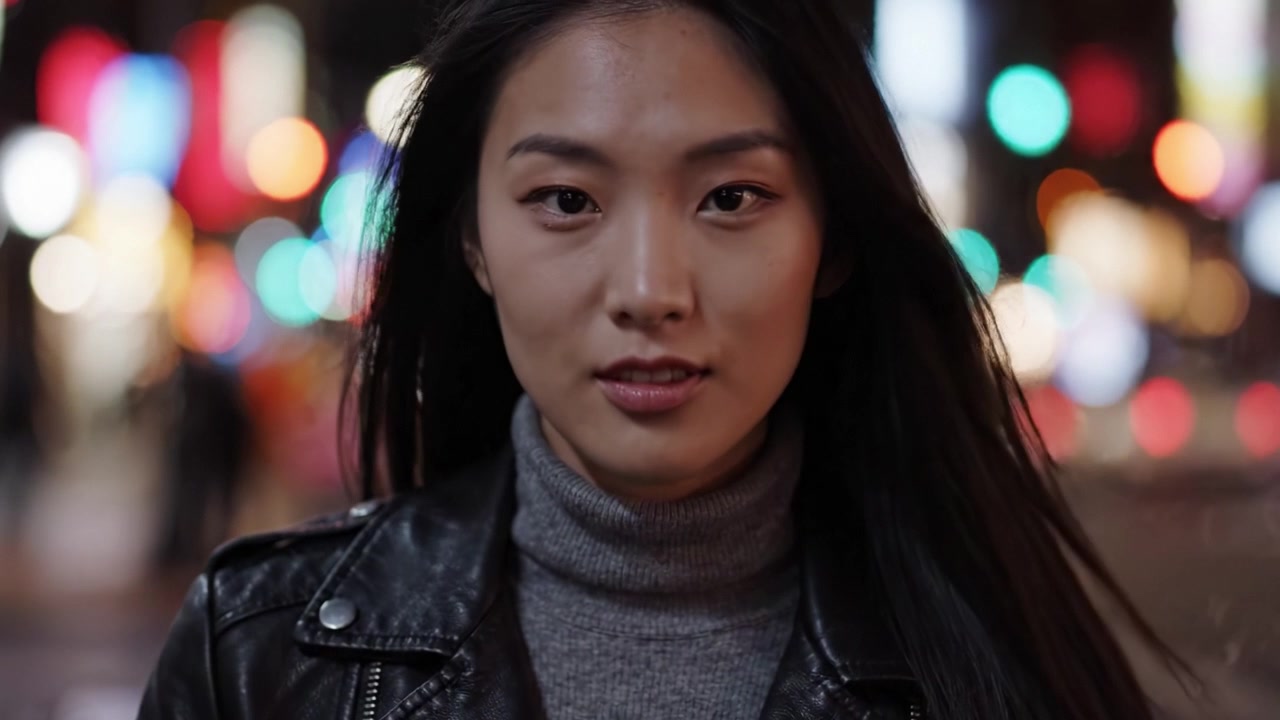 Ritratto notturno accattivante di una giovane donna in ambiente urbano, che emana sicurezza e fascino su uno sfondo bokeh vivido di luci cittadine