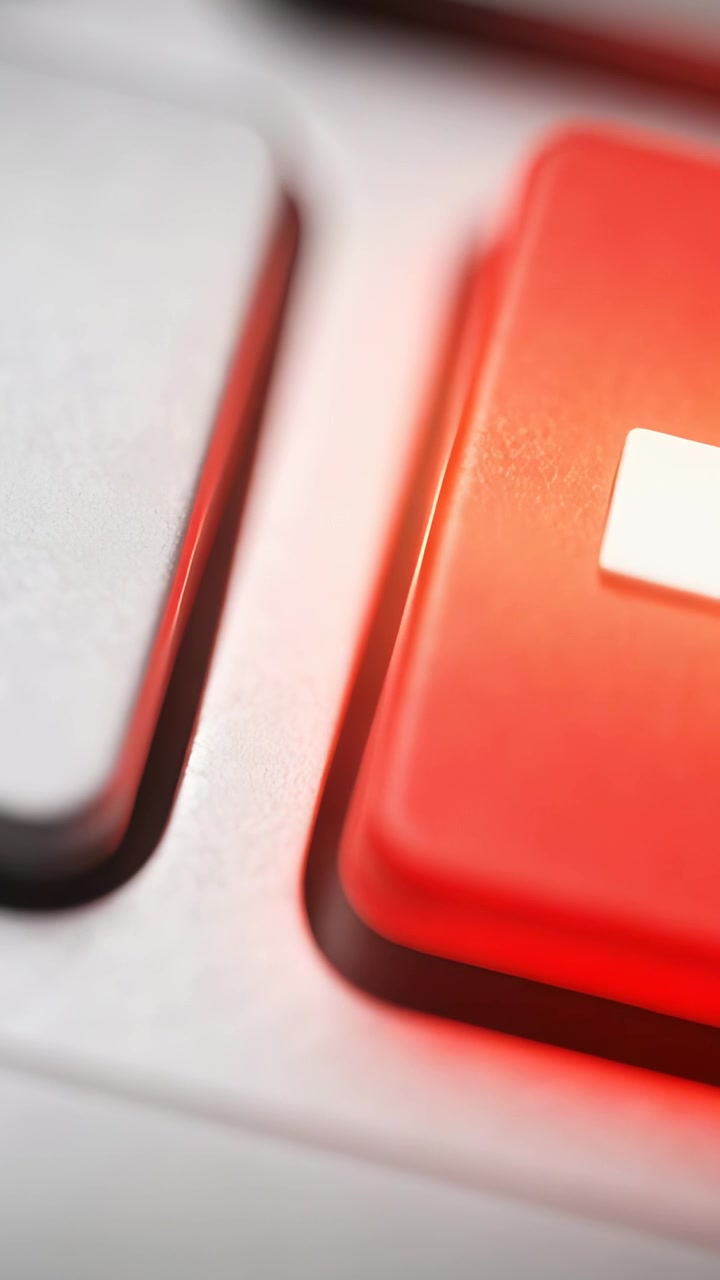 Vertical video: Catching warm flare, red white-marked key reflecting on metal panel by camera shift