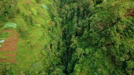 aerial footage of valley on the tropical mountain with hidden waterfall - slope of sumbing mountain, indonesia