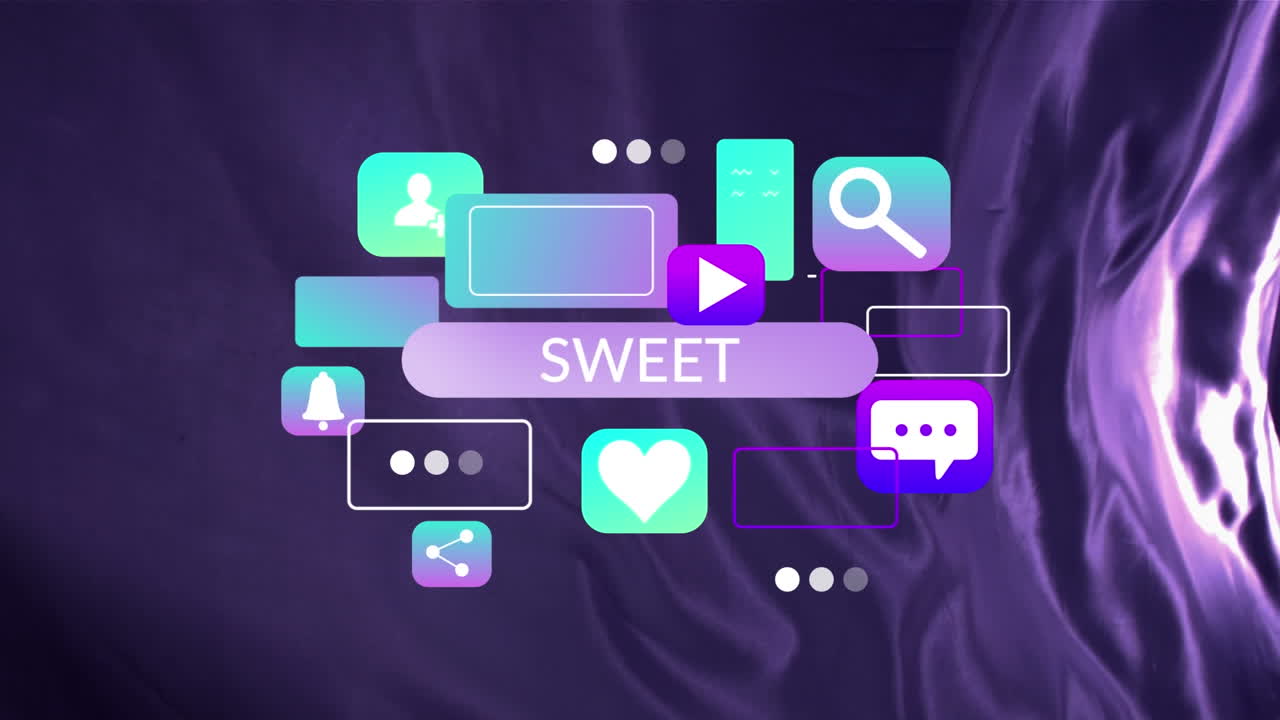 Animation af 'sweet'-tekst og ikoner på bevægende blå baggrund