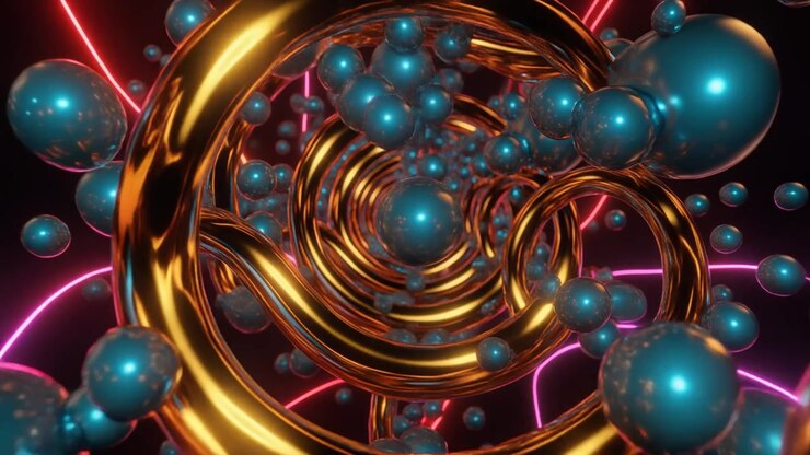 Animação 3D Abstrata de Anéis Dourados Flutuantes e Esferas Azul-petróleo