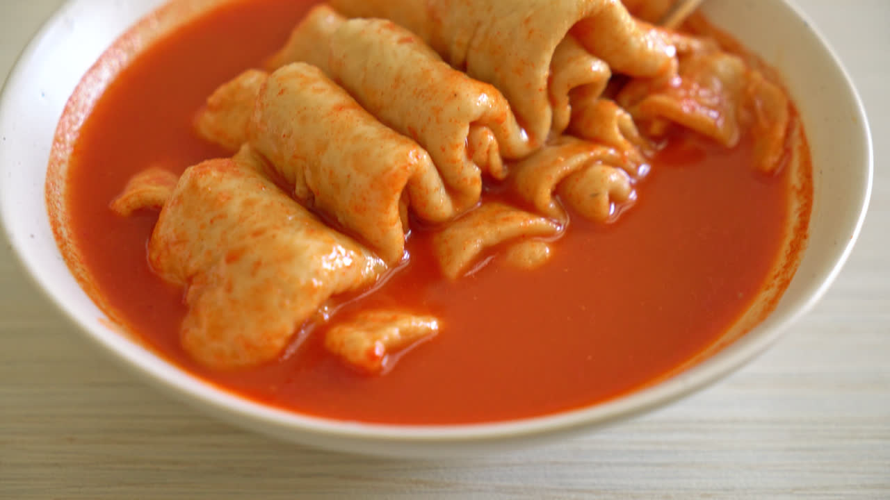 Odeng - Korean fish cake skewer in Korean spicy soup - Korean street food style