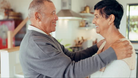 old couple, man and kiss woman on forehead in home
