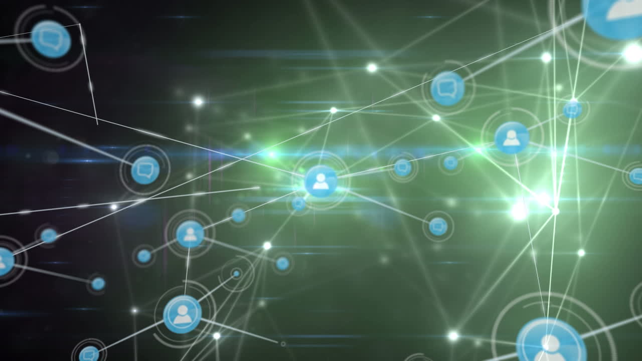 animación de una red brillante de iconos digitales contra un fondo verde