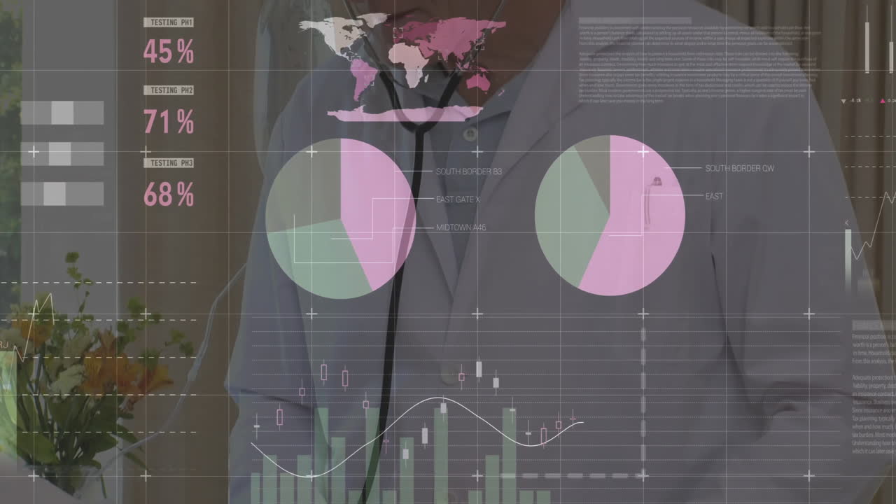 Animation of statistics and data processing over caucasian male doctor