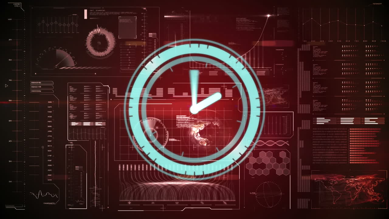 Animation of scope scanning with clock over data processing on red background