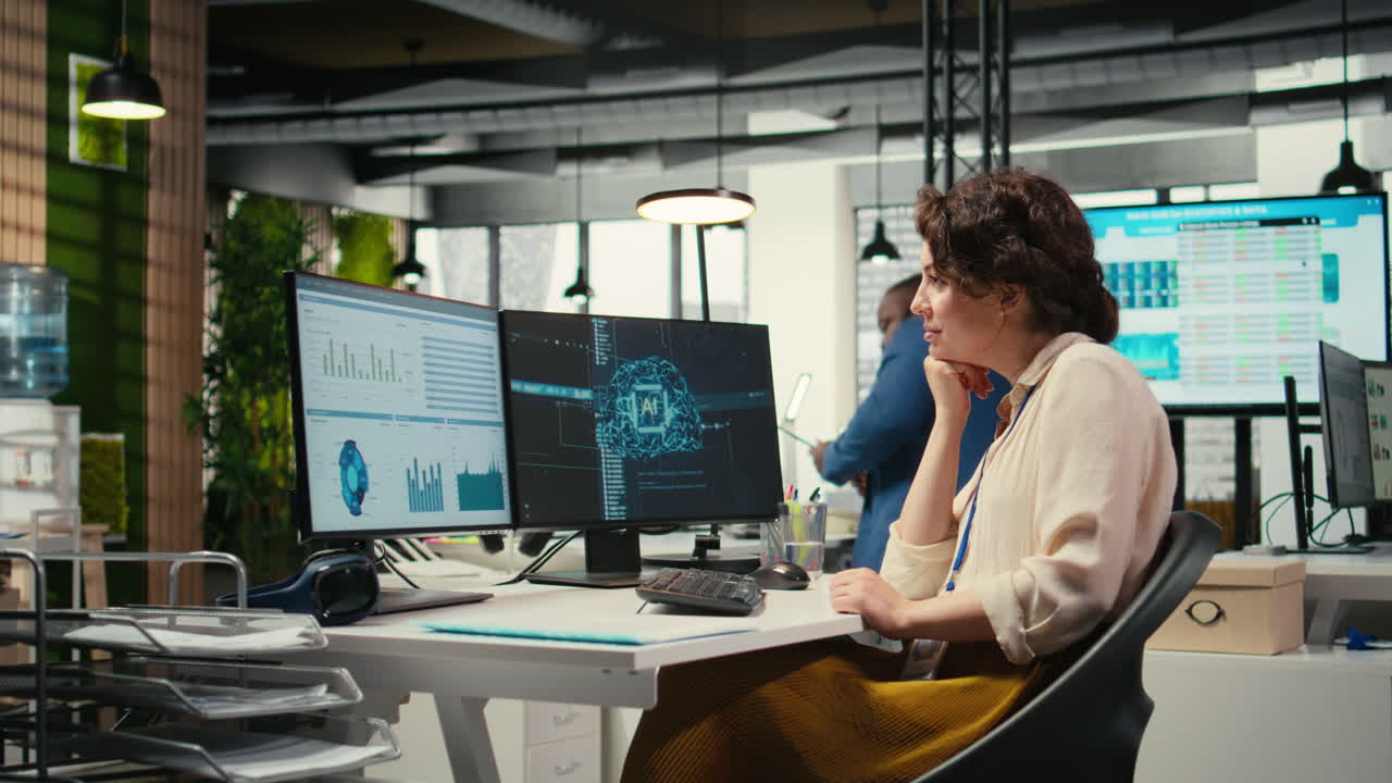 Vertical Video Cheerful businesswoman being proud of good infographics with AI tools