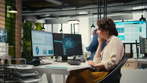 vertical video cheerful businesswoman being proud of good infographics with ai tools