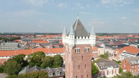 Birds-eye-around-the-roof-of-Water-Tower-of-Esbjerg,-Denmark.-Esbjerg-Water-Tower-is-a-danish-landmark-at-the-top-of-a-cliff-overlooking-the-harbor