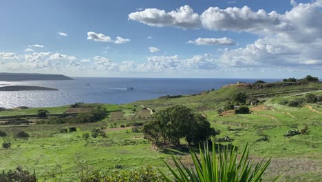 Schwenkblick-über-Grünes,-Traditionelles,-Terrassenförmig-Angelegtes-Ackerland,-In-Der-Nähe-Von-Mgarr,-Gozo-Malta