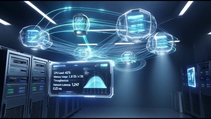 Digital Data Network Visualization in a Modern Server Room