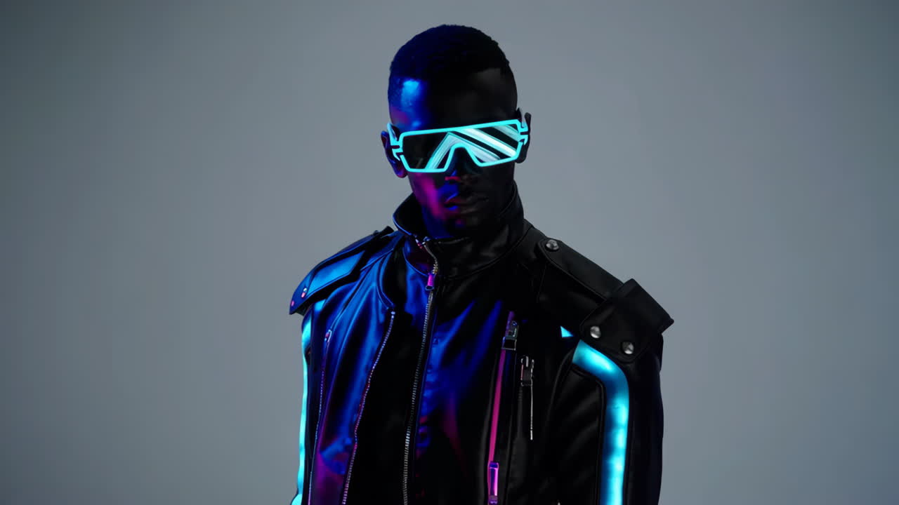 Man in Futuristic Cyberpunk Outfit with Neon Lights