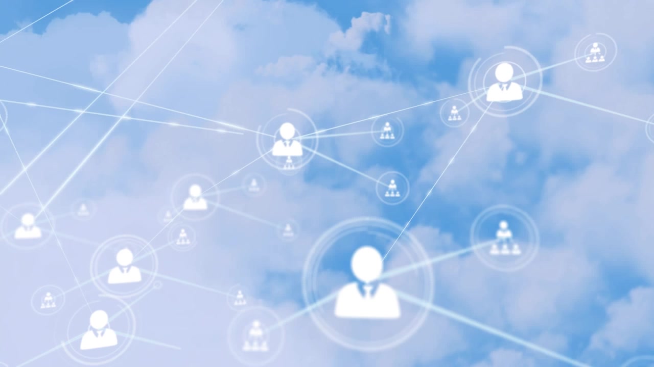 Digital Network Connection Icons Over Blue Sky and Clouds