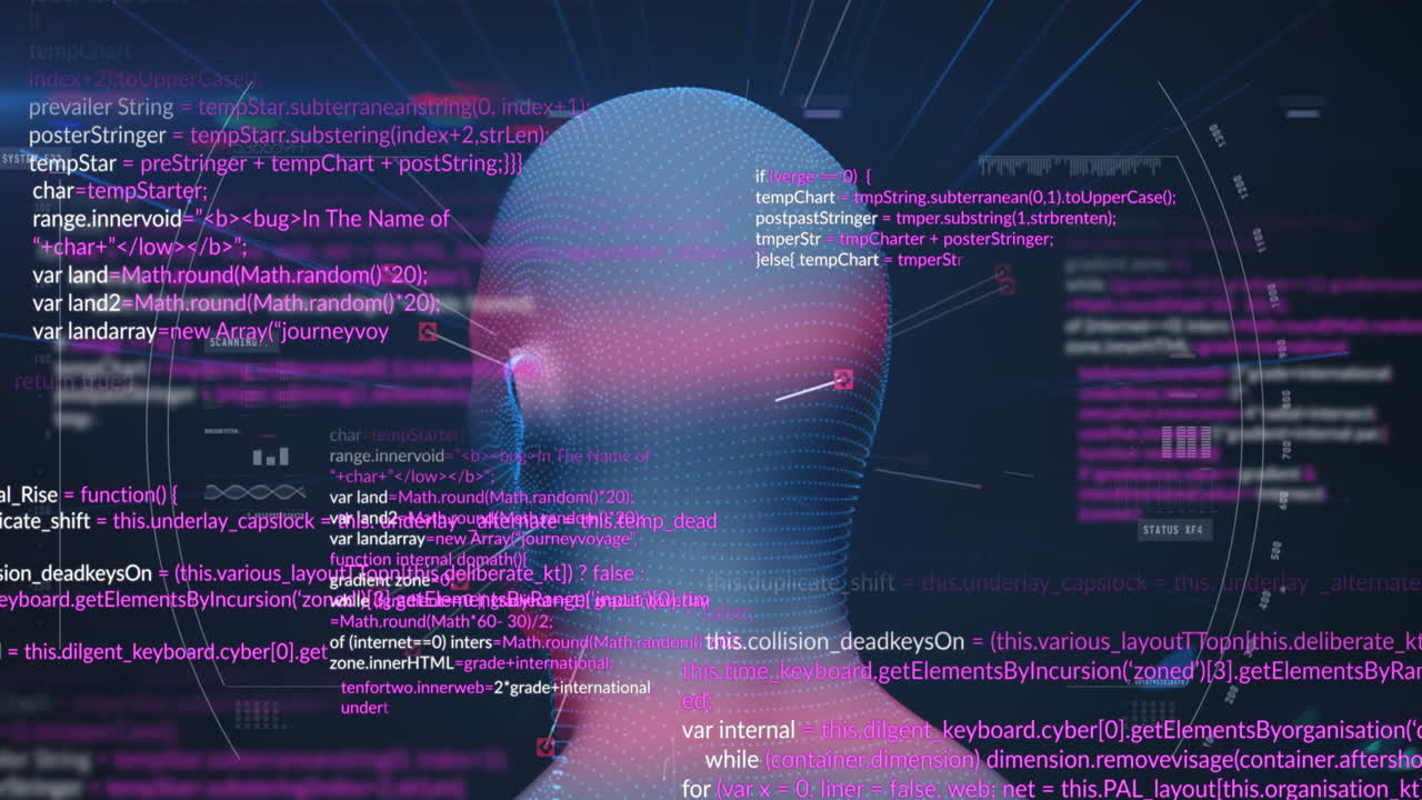 黒い背景のデータ処理とデジタルヘッドのアニメーション