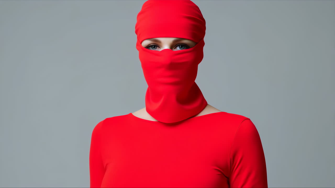 Donna con passamontagna rosso che guarda in camera in uno studio