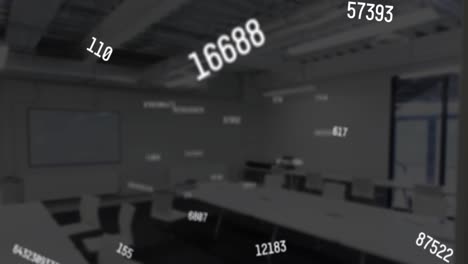 digital composition of multiple changing numbers floating against empty office in background