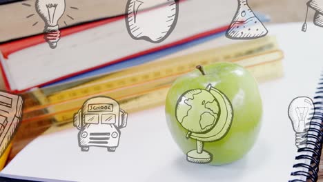 Animation-of-school-items-icons-over-desk-with-books-and-apple