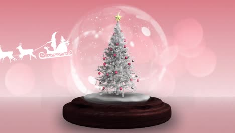 Animation-Des-Weihnachtsmanns-Im-Schlitten-Mit-Rentieren-über-Einer-Schneekugel-Auf-Rotem-Hintergrund