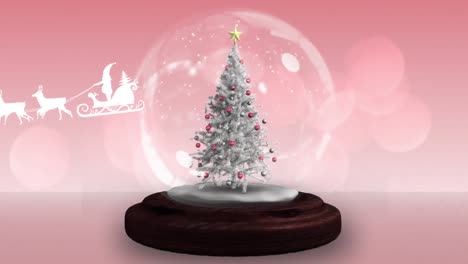 Animation-of-santa-claus-in-sleigh-with-reindeer-over-snow-globe-on-red-background