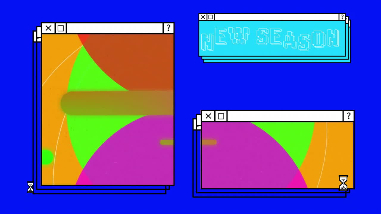 Animation of new season text over computer screens and vibrant background