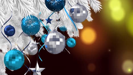 Animation-of-baubles-on-christmas-tree-over-lights-on-black-background