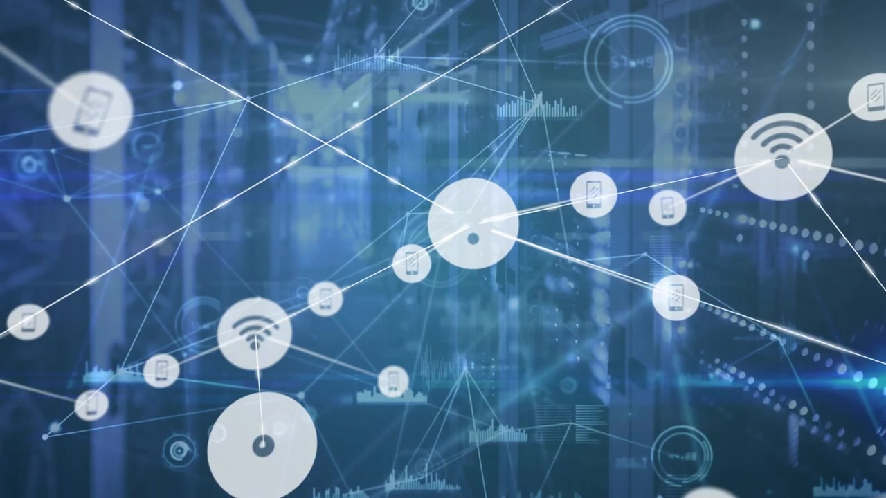 Animation of network of connections with icons over servers