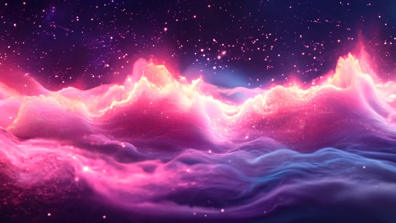 The sky is a beautiful mix of pink and purple, with clouds and stars scattered throughout. The colors are vibrant and eye-catching, creating a sense of wonder and awe