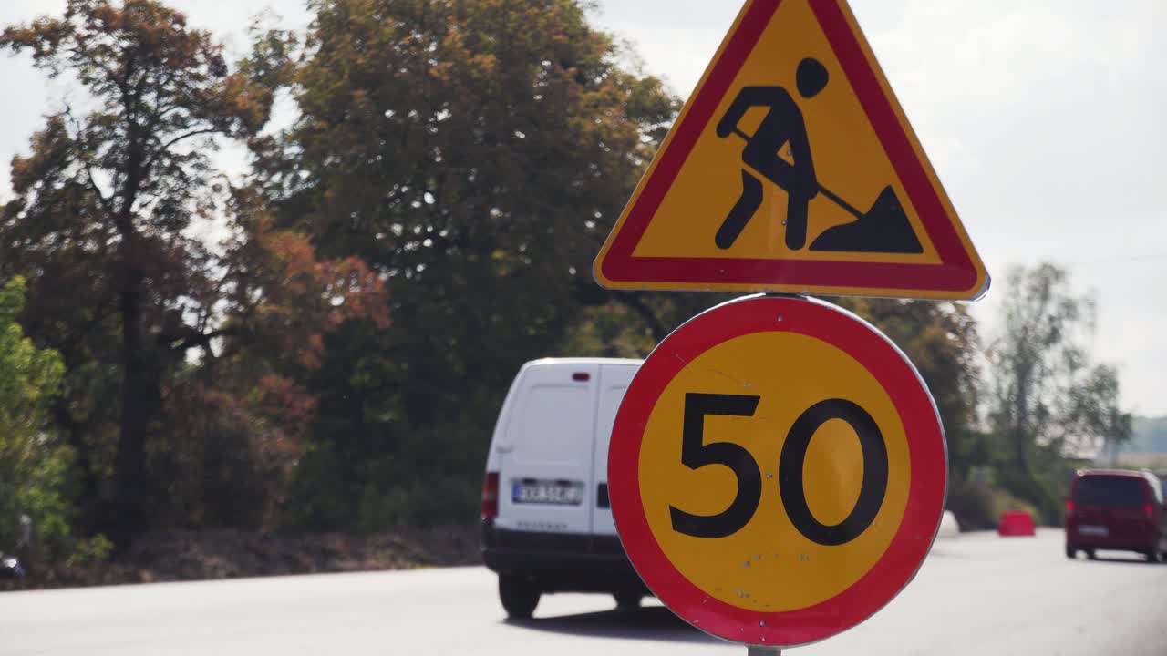 VINNYTSIA, UKRAINE - SEPTEMBER 10, 2018: Sign Road works is on the roadway