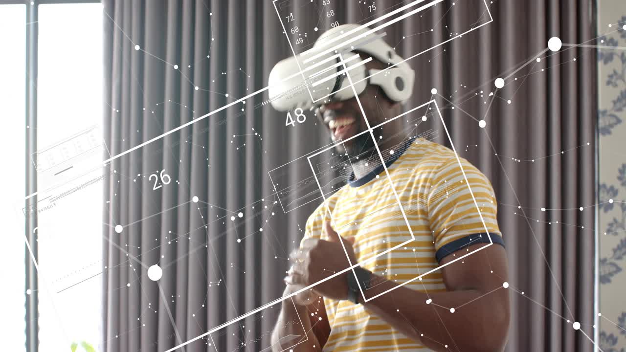 Man adjusting headset and activating VR HUD, manipulating panels and numeric HUD to navigate data