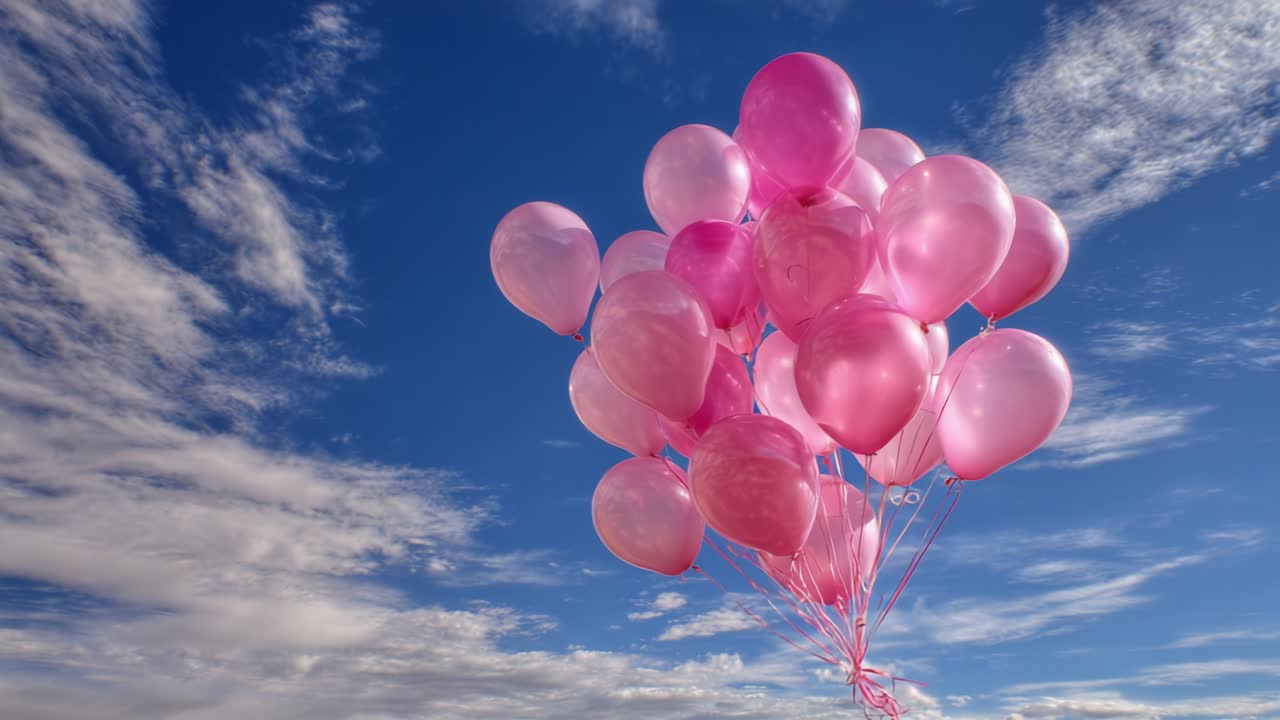 A Stunning Array of Pink Balloons Floating Freely Against a Bright Blue Sky with Wispy Clouds: Captivating Moments of Joy and Celebration in the Air
