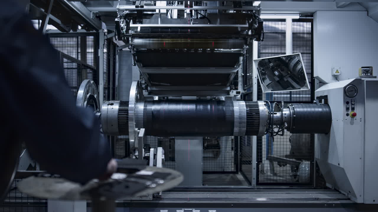Robotic tyre plant worker operating production process in factory close up