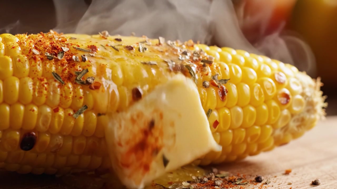 Delicious Grilled Corn on the Cob Topped with Melted Butter and Spices, Perfectly Enhanced with Seasoning for a Mouthwatering Flavor Experience