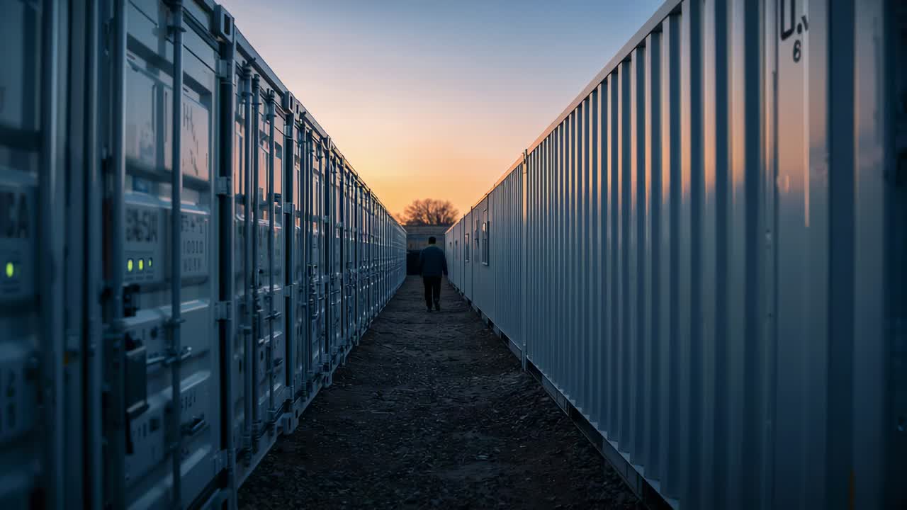 Gående mand bevæger sig ned ad smal korridor af metalcontainere i skumringen, i mørk jakke forbi grønne LED-lys