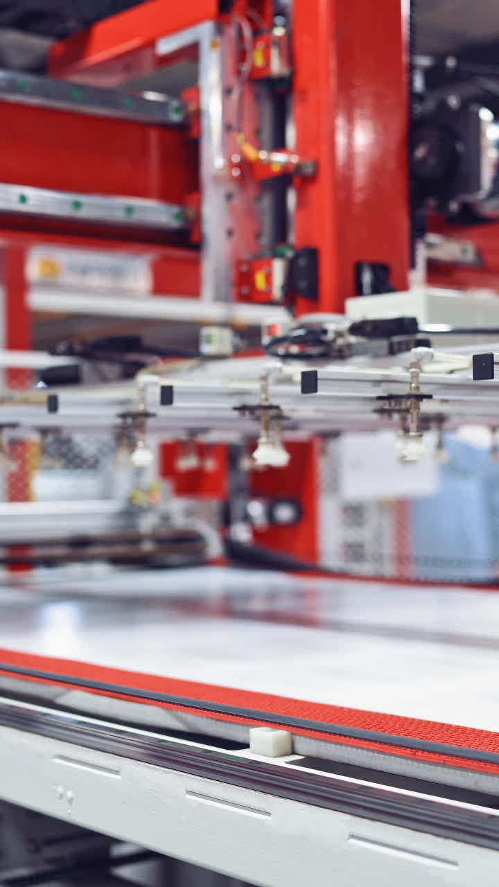 production of solar panels, Industrial robot working in factory,Conveyor Tracking Controler of robotic hand. Vertical video