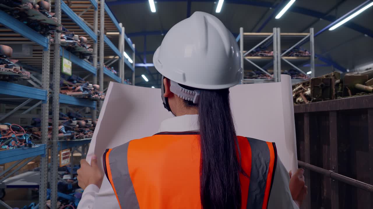 Un'ingegnera asiatica di spalle che guarda una planimetria nelle sue mani mentre cammina in un magazzino industriale di rottami metallici e riciclaggio.