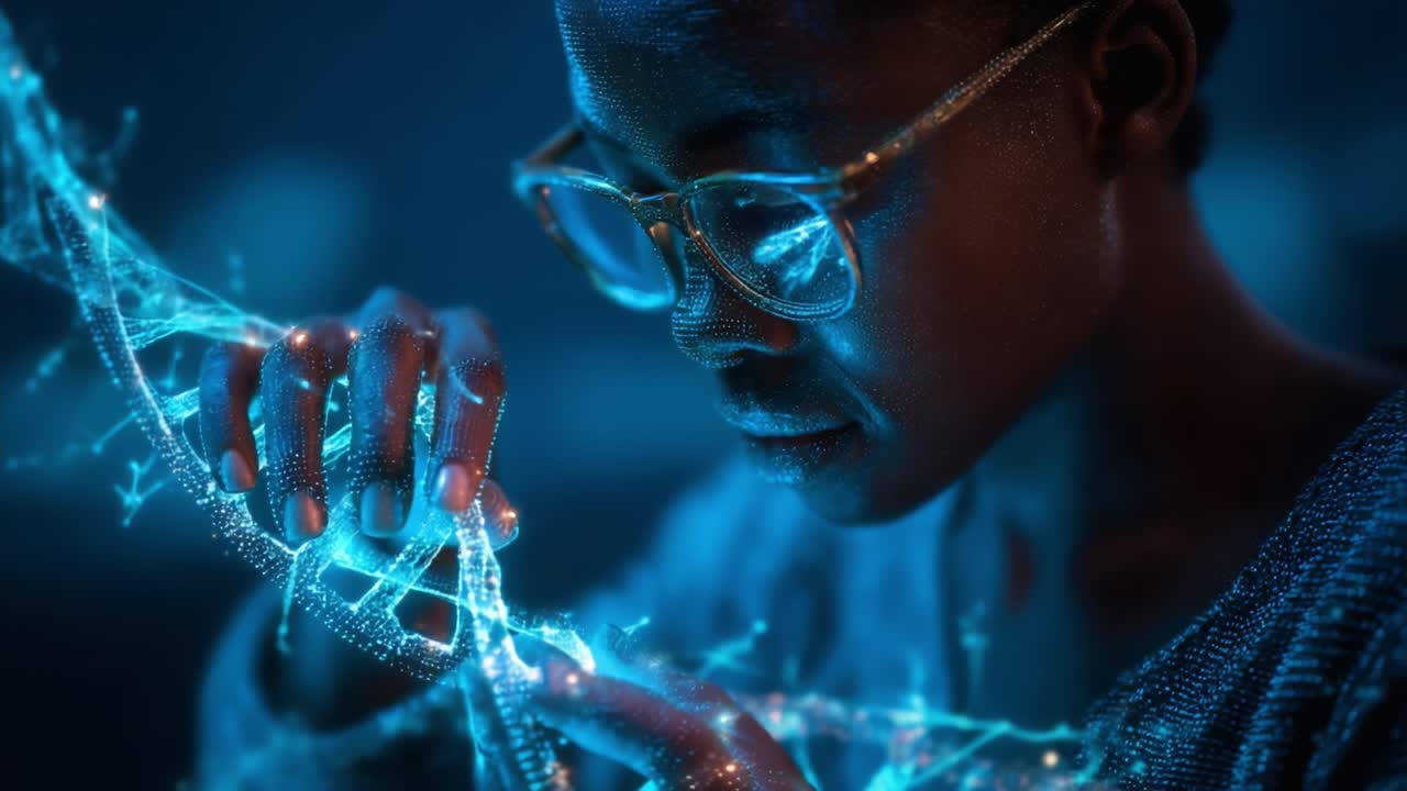 A Person Analyzing a 3D Representation of DNA in a Futuristic Digital Environment, Highlighting the Interface of Science and Technology