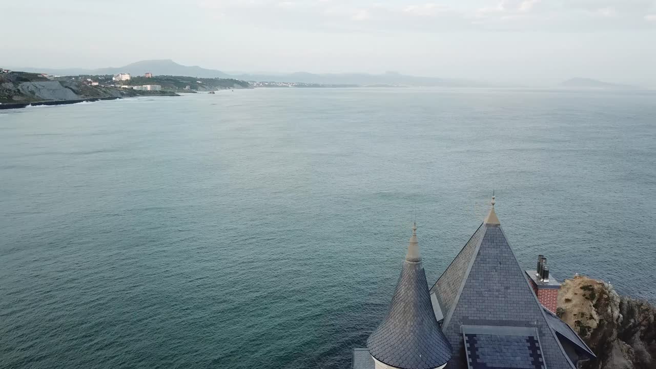 Famous Villa Belza, castle on rocky coastline of Biarritz, scenic view of French Basque Country, France. Aerial drone, seascape, copy space
