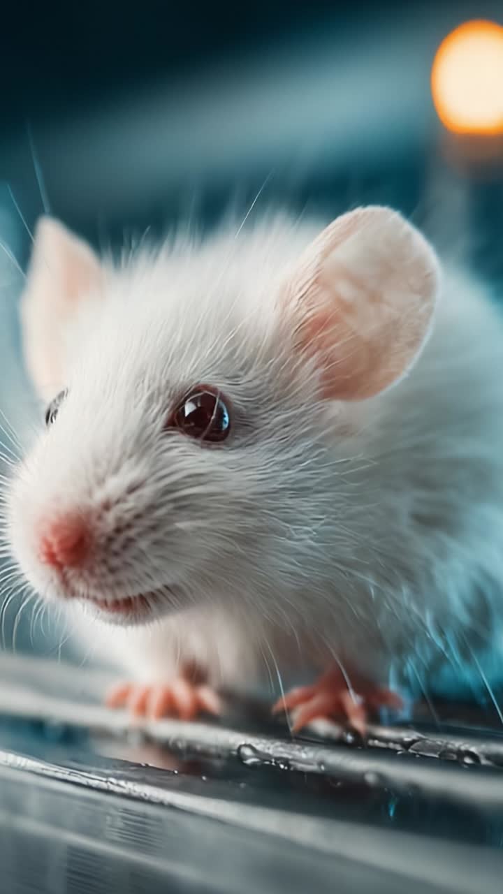 Un primo piano di un topolino bianco che esplora il suo ambiente con curiosità, catturando l'attenzione del pubblico con le sue adorabili caratteristiche e la sua natura giocosa