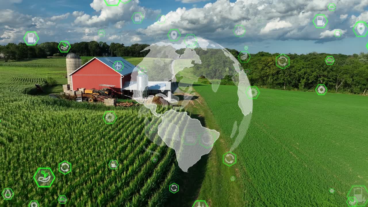 글로벌 지속 가능한 농업 애니메이션: 빨간 창고와 옥수수 을 가진 미국 농장