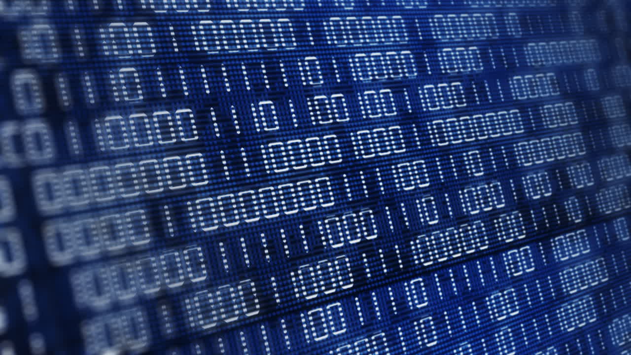 Electronic screen with changing binary code. Blue computer display with flickering dots and pixels. Illumination of ones and zeros. Abstract animation with blurred background.