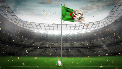 animación de confeti de oro cayendo sobre la bandera de argelia en un estadio deportivo