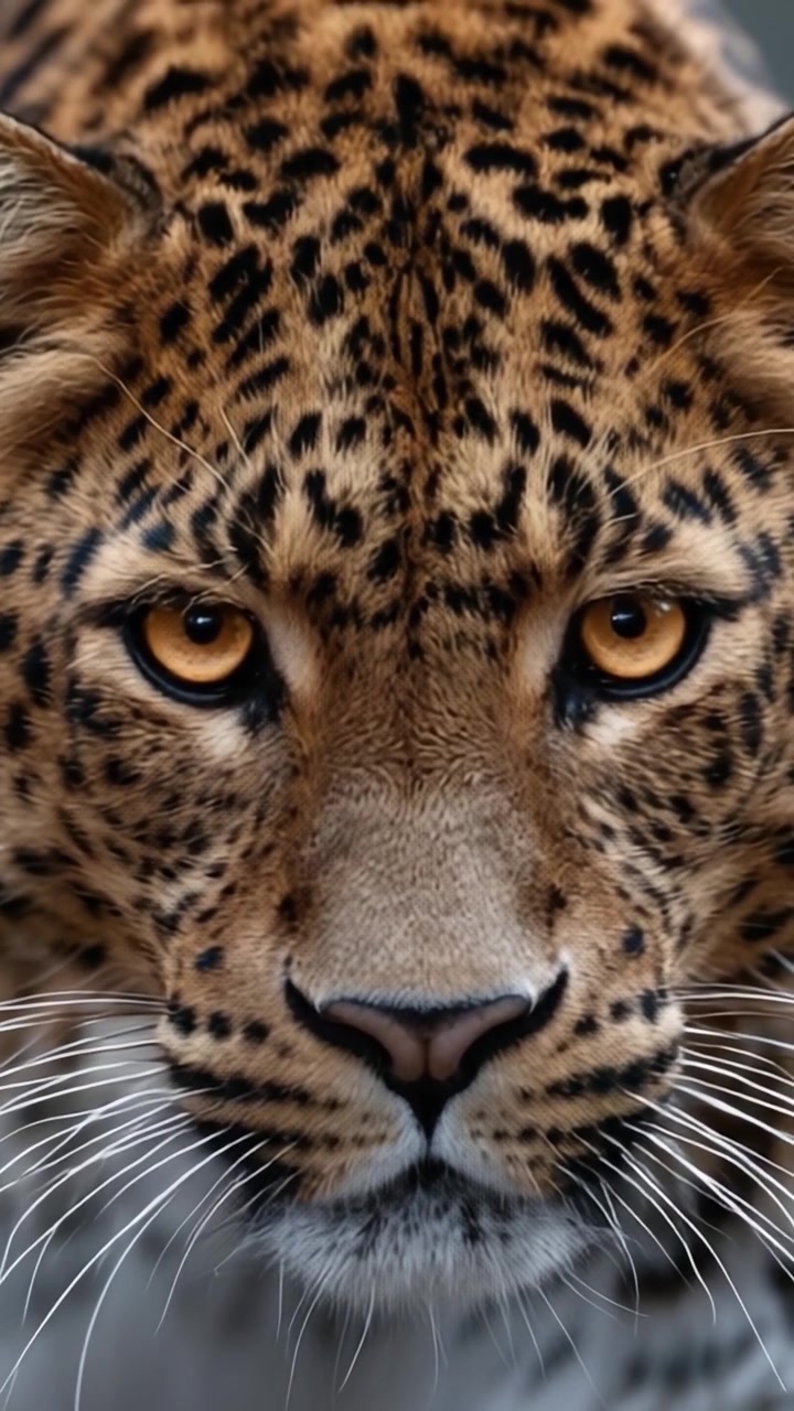 Güçlü bir leoparın muhteşem yakın çekimi, yoğun bakışını ve çarpıcı desenlerini büyüleyici detaylarla sergileyerek vahşi güzelliğinin her unsuruyla izleyicileri büyülüyor.