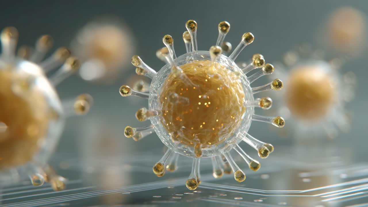 Close-Up Perspective of Microscopic Viral Particles with Transparent Structure and Golden Center, Highlighting Their Intricate Design and Scientific Importance