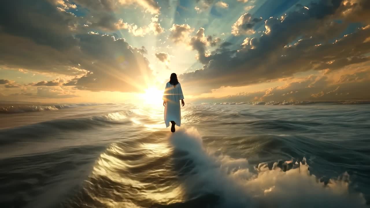 A cinematic video still shows a person walking on water at sunset