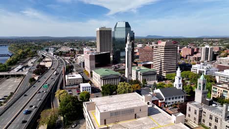 aerial pullout over highway and skyline in springfield masschusetts