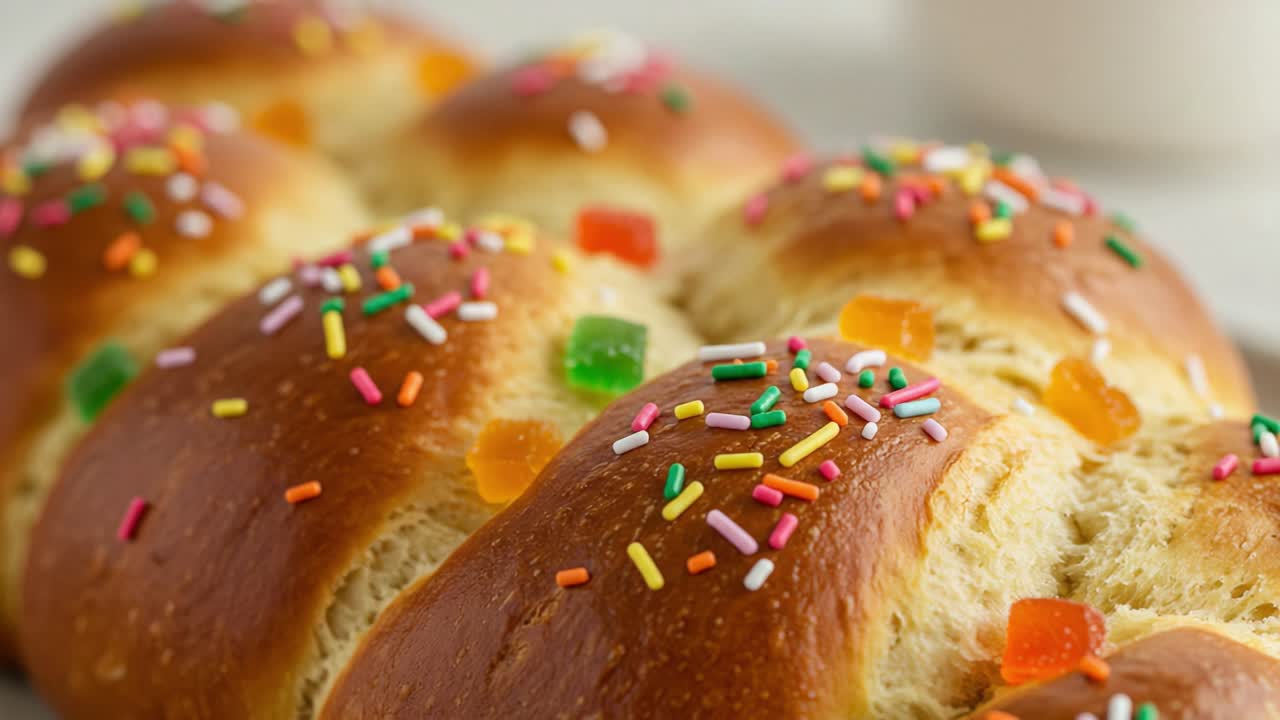 Deliciously Sweet Baked Good with Colorful Sprinkles and Fruit Candies Topped on Soft and Fluffy Bread Rolls, Perfect for Celebrations or Everyday Treats