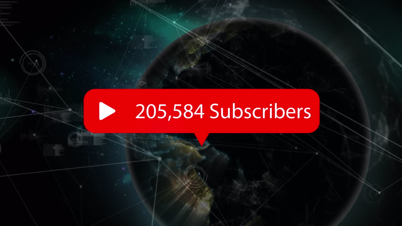 animación del número de suscriptores a través de la red de conexiones, procesamiento de datos y globo