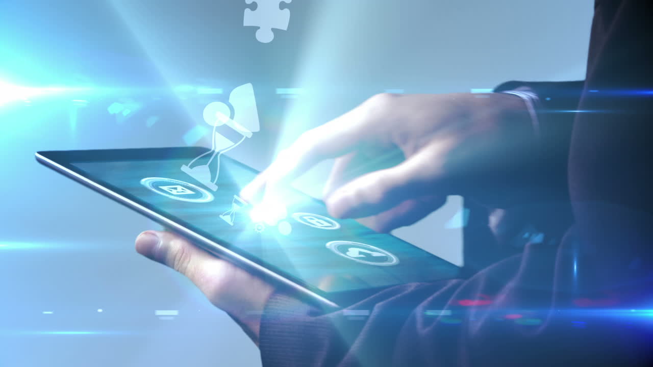 홀로그램 앱을 보기 위해 태블릿을 사용하는 사업가