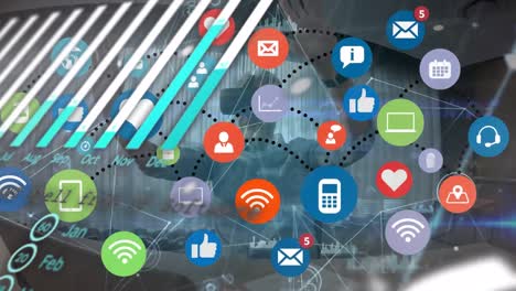 animación de procesamiento de datos e iconos de redes sociales sobre el hombre caucásico usando auriculares vr